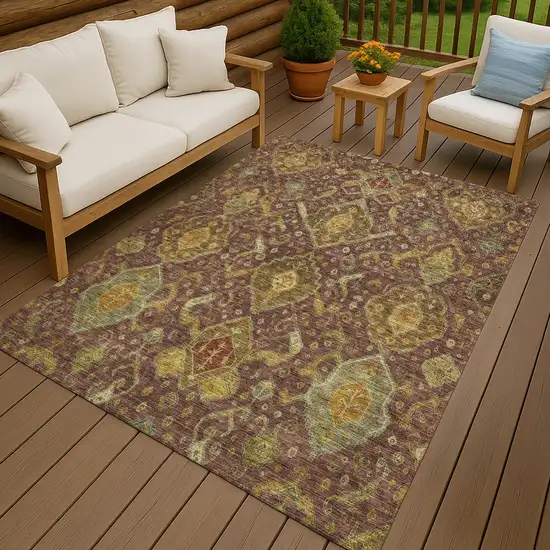 Burgundy Gold And Copper Ikat Washable Indoor Outdoor Area Rug Photo 9