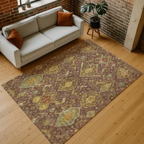 Burgundy Gold And Copper Ikat Washable Indoor Outdoor Area Rug Photo 9