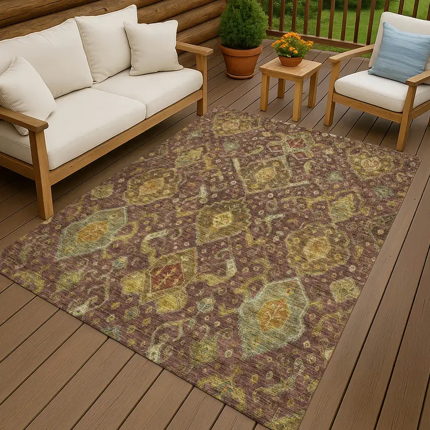 Burgundy Gold And Copper Ikat Washable Indoor Outdoor Area Rug Photo 9