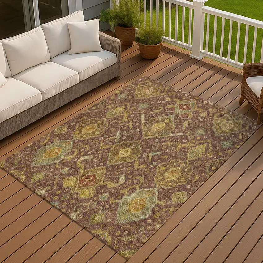 Burgundy Gold And Copper Ikat Washable Indoor Outdoor Area Rug Photo 7