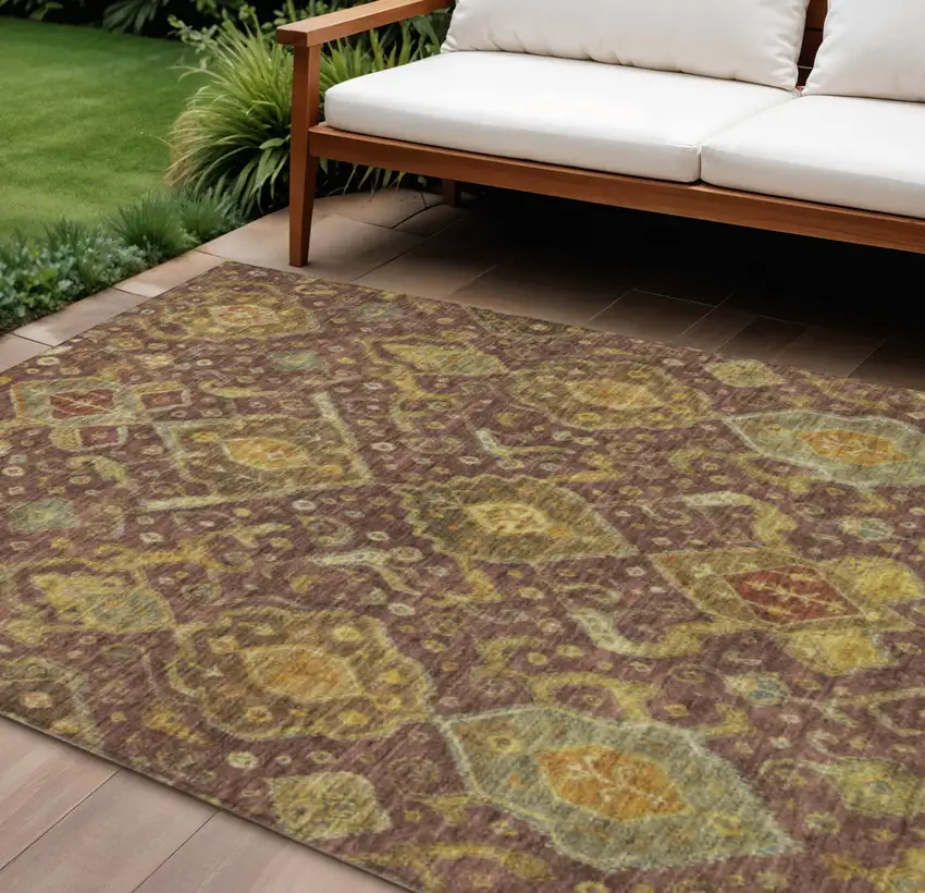 Burgundy Gold And Copper Ikat Washable Indoor Outdoor Area Rug Photo 1