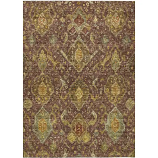 Burgundy Gold And Copper Ikat Washable Indoor Outdoor Area Rug Photo 2