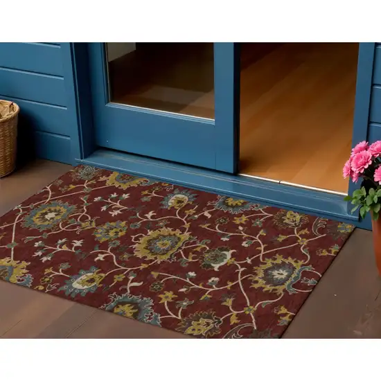 Burgundy Gold And Gray Floral Washable Indoor Outdoor Area Rug Photo 1