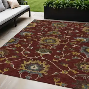 Photo of Burgundy Gold And Gray Floral Washable Indoor Outdoor Area Rug