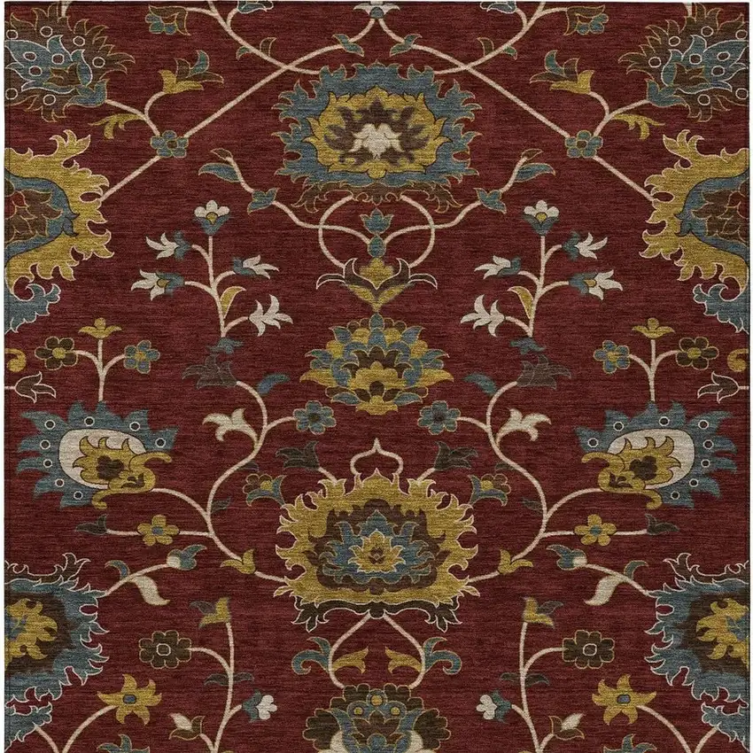 Burgundy Gold And Gray Floral Washable Indoor Outdoor Area Rug Photo 6