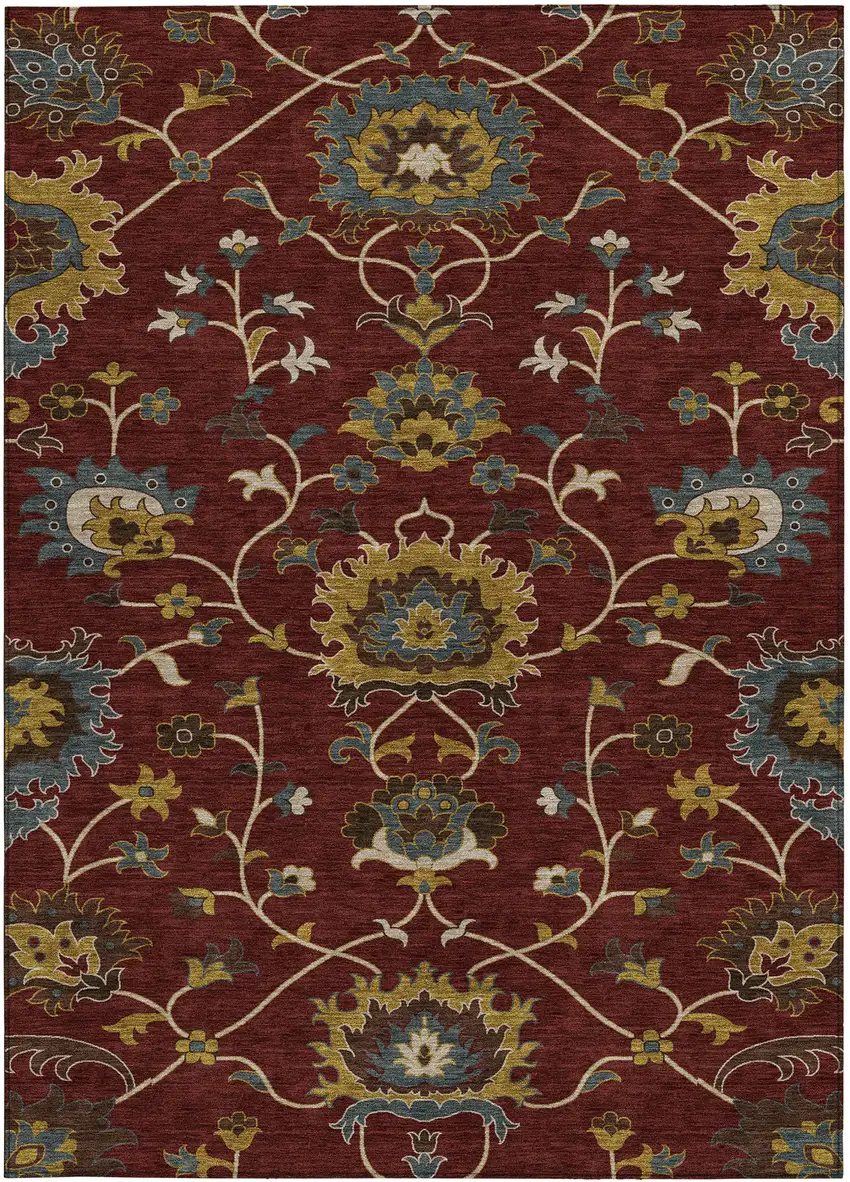 Burgundy Gold And Gray Floral Washable Indoor Outdoor Area Rug Photo 4