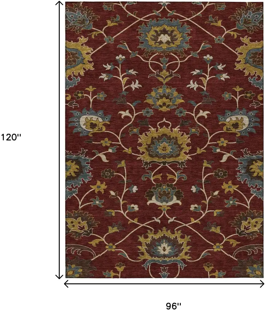 Burgundy Gold And Gray Floral Washable Indoor Outdoor Area Rug Photo 3