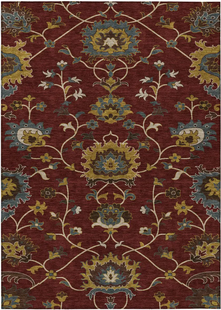 Burgundy Gold And Gray Floral Washable Indoor Outdoor Area Rug Photo 2