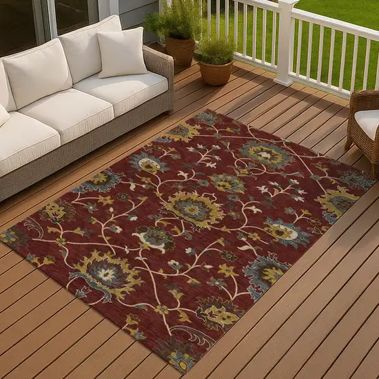 Burgundy Gold And Gray Floral Washable Indoor Outdoor Area Rug Photo 7