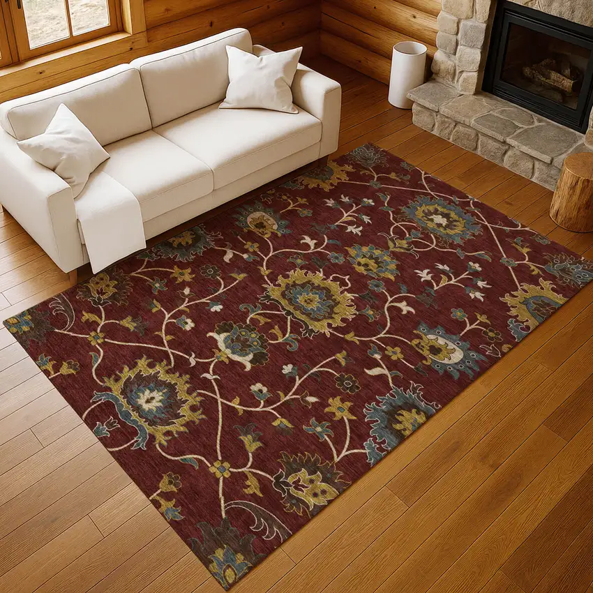 Burgundy Gold And Gray Floral Washable Indoor Outdoor Area Rug Photo 8
