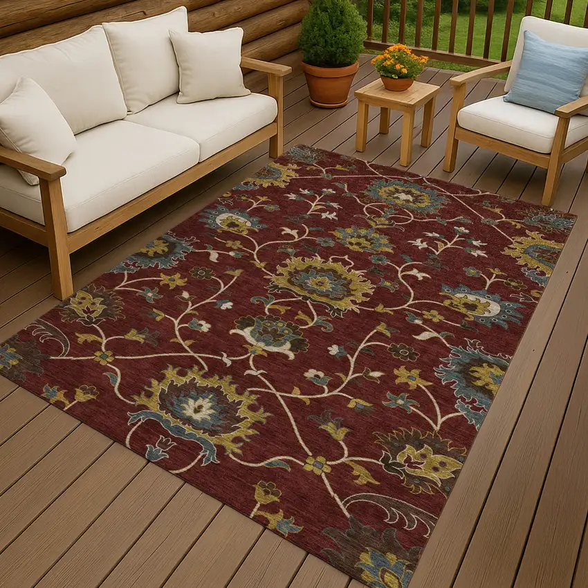 Burgundy Gold And Gray Floral Washable Indoor Outdoor Area Rug Photo 9