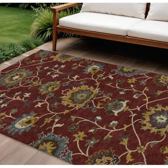 Burgundy Gold And Gray Floral Washable Indoor Outdoor Area Rug Photo 1