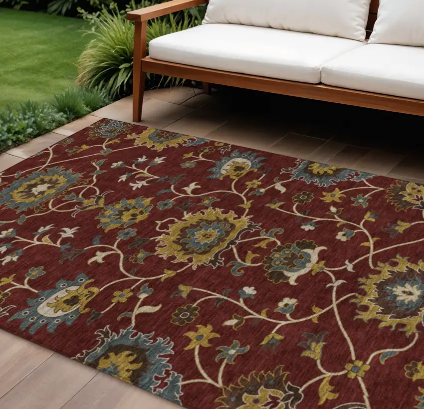 Burgundy Gold And Gray Floral Washable Indoor Outdoor Area Rug Photo 1