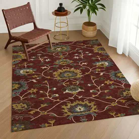 Burgundy Gold And Gray Floral Washable Indoor Outdoor Area Rug Photo 8