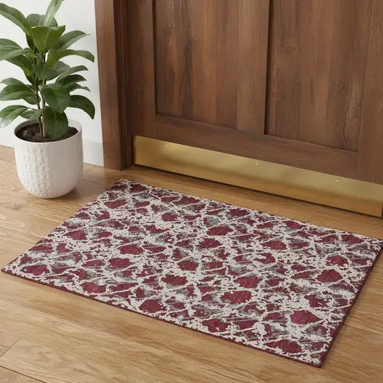 Burgundy Gray And Ivory Abstract Washable Area Rug With UV Protection Photo 1