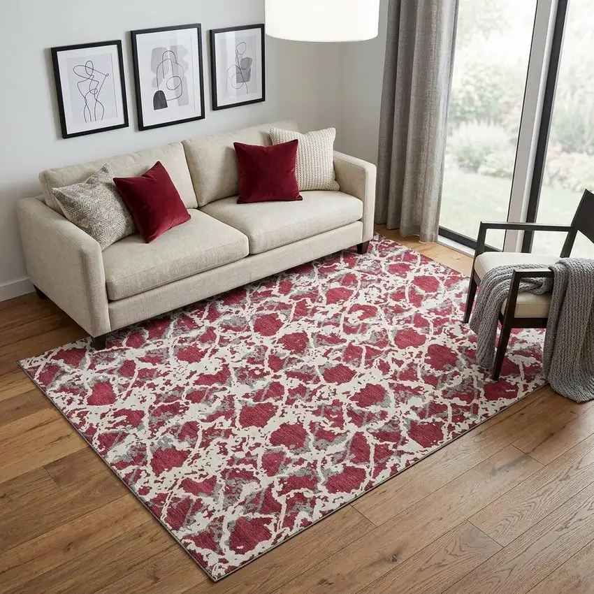 Burgundy Gray And Ivory Abstract Washable Area Rug With UV Protection Photo 1
