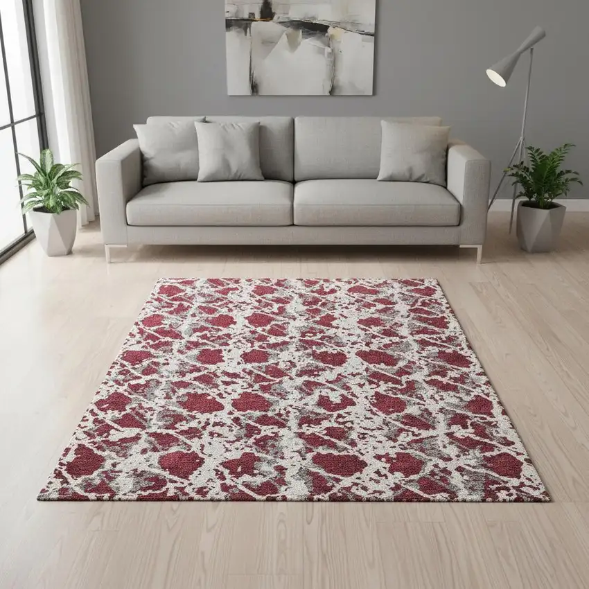Burgundy Gray And Ivory Abstract Washable Area Rug With UV Protection Photo 2