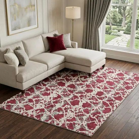 Burgundy Gray And Ivory Abstract Washable Area Rug With UV Protection Photo 1