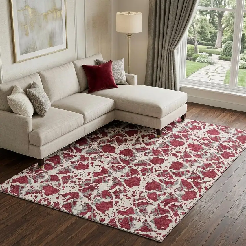Burgundy Gray And Ivory Abstract Washable Area Rug With UV Protection Photo 1