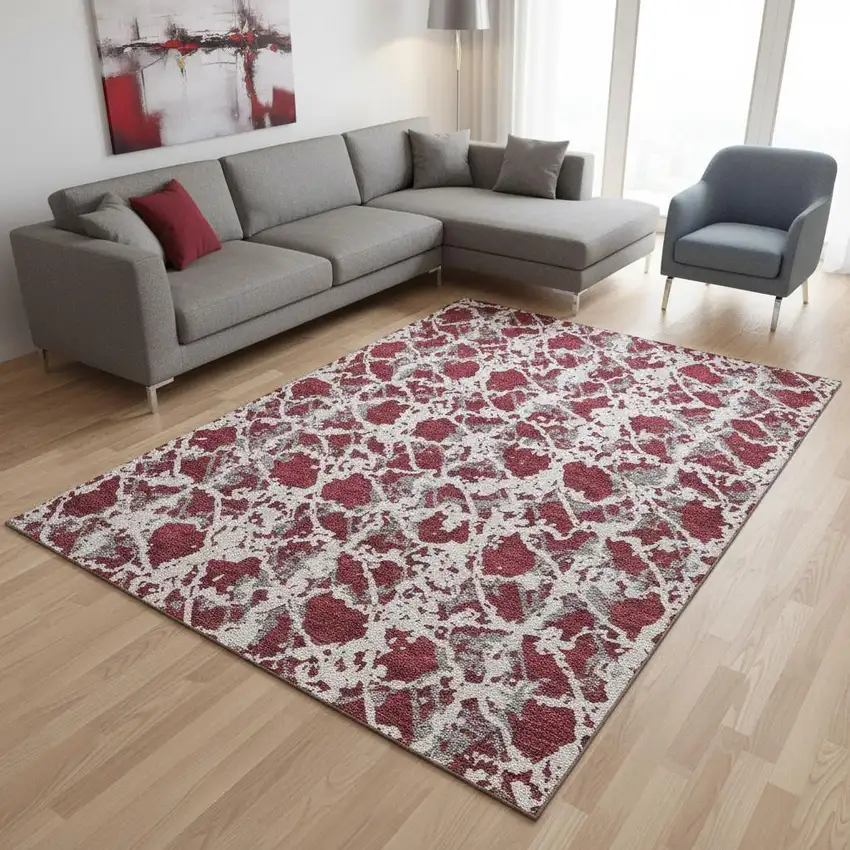 Burgundy Gray And Ivory Abstract Washable Area Rug With UV Protection Photo 2
