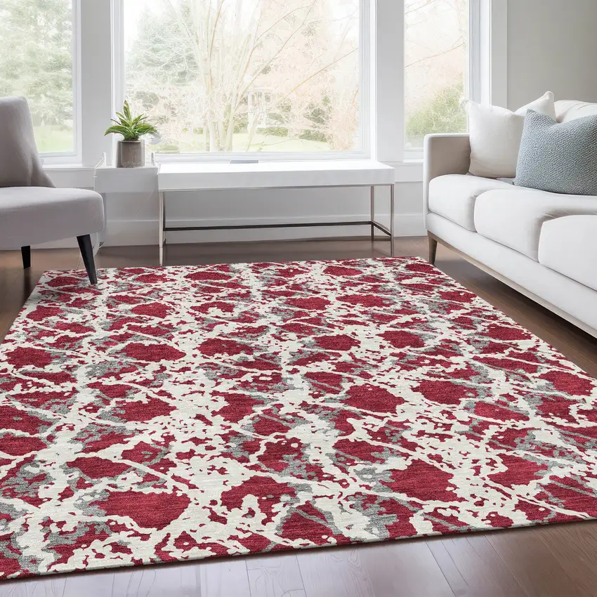 Burgundy Gray And Ivory Abstract Washable Area Rug With UV Protection Photo 5