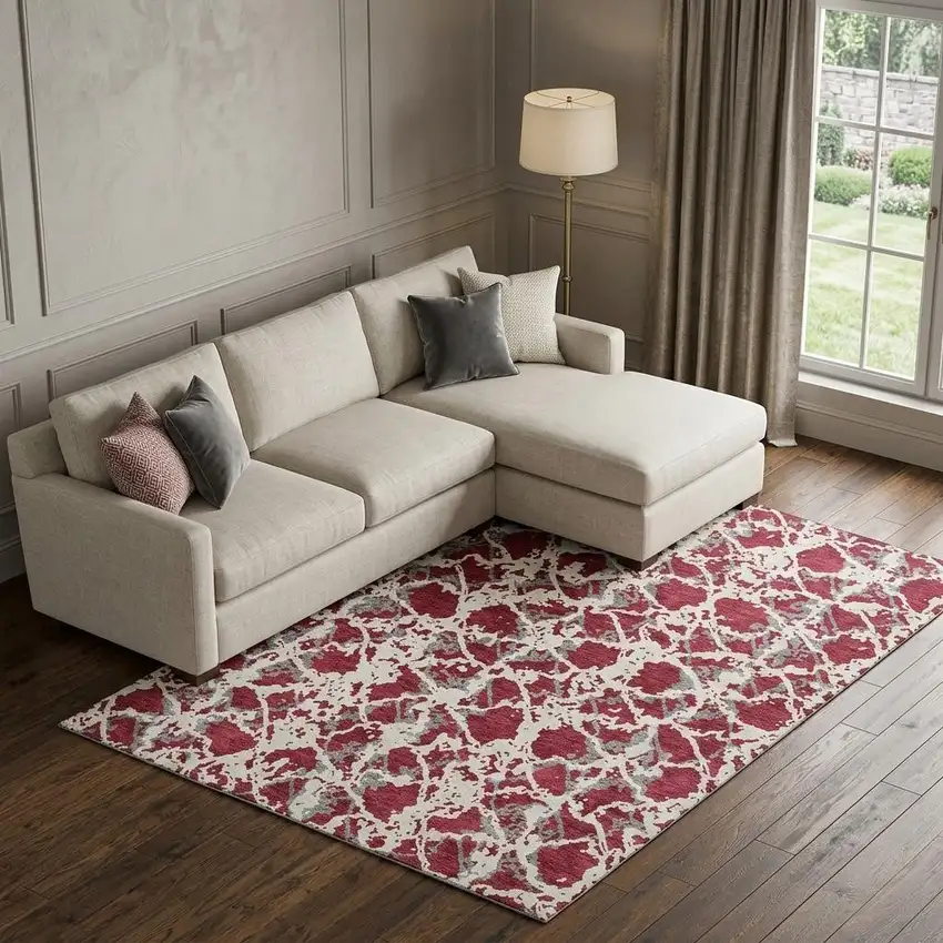 Burgundy Gray And Ivory Abstract Washable Area Rug With UV Protection Photo 1