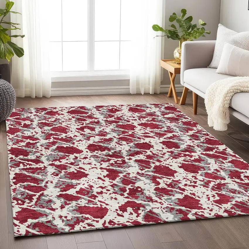 Burgundy Gray And Ivory Abstract Washable Area Rug With UV Protection Photo 4