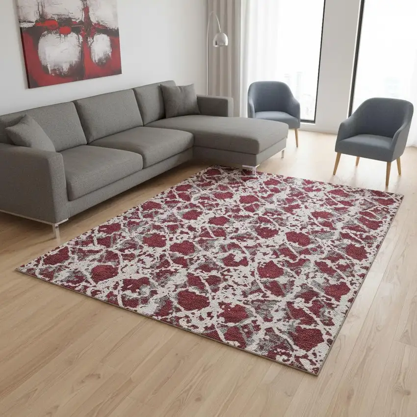 Burgundy Gray And Ivory Abstract Washable Area Rug With UV Protection Photo 2