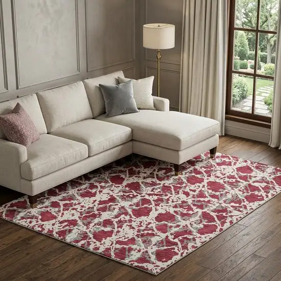 Burgundy Gray And Ivory Abstract Washable Area Rug With UV Protection Photo 1