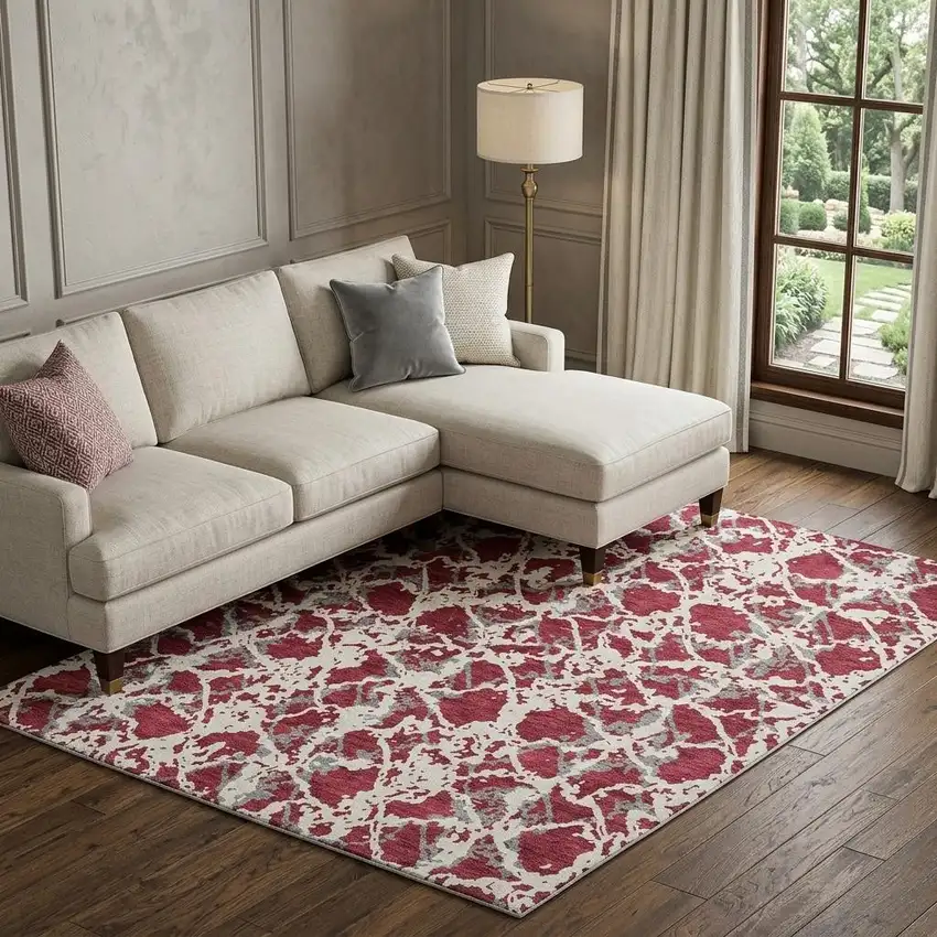 Burgundy Gray And Ivory Abstract Washable Area Rug With UV Protection Photo 1