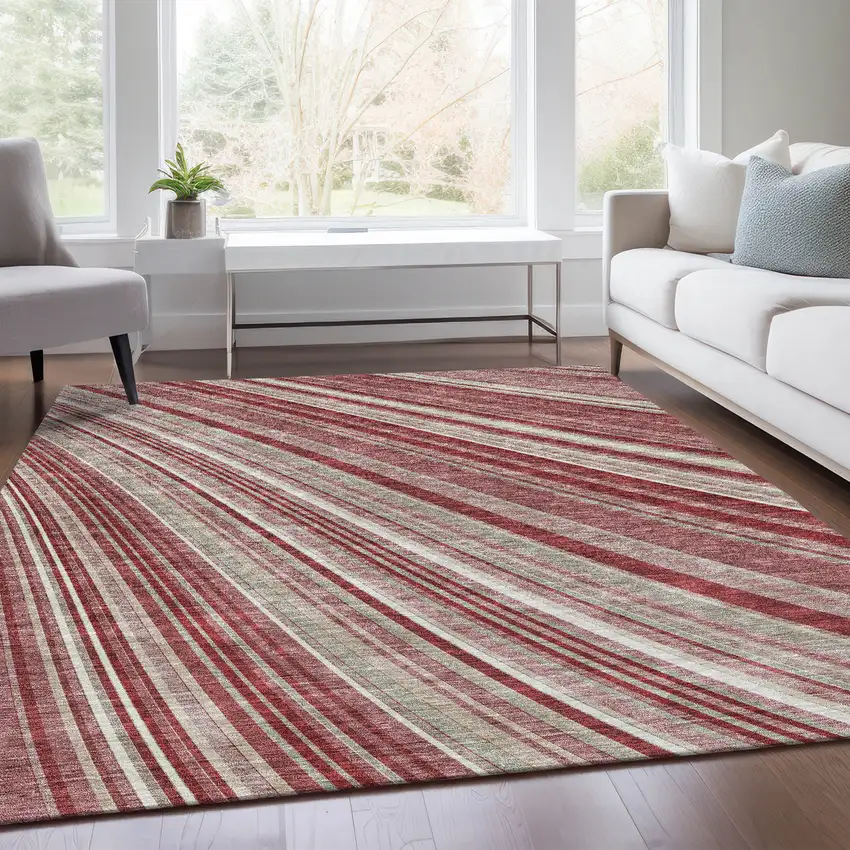 Burgundy Gray And Ivory Striped Washable Area Rug With UV Protection Photo 4