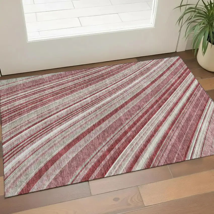 Burgundy Gray And Ivory Striped Washable Area Rug With UV Protection Photo 1