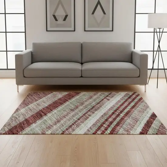 Burgundy Gray And Ivory Striped Washable Area Rug With UV Protection Photo 2