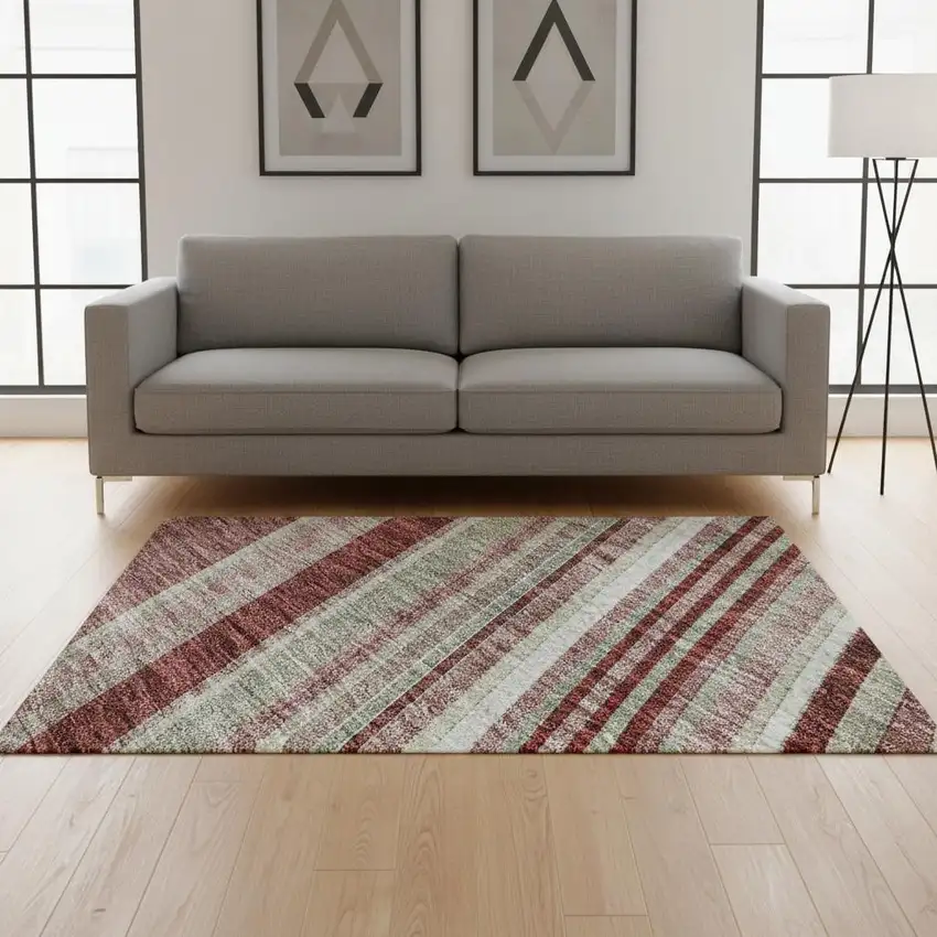 Burgundy Gray And Ivory Striped Washable Area Rug With UV Protection Photo 2