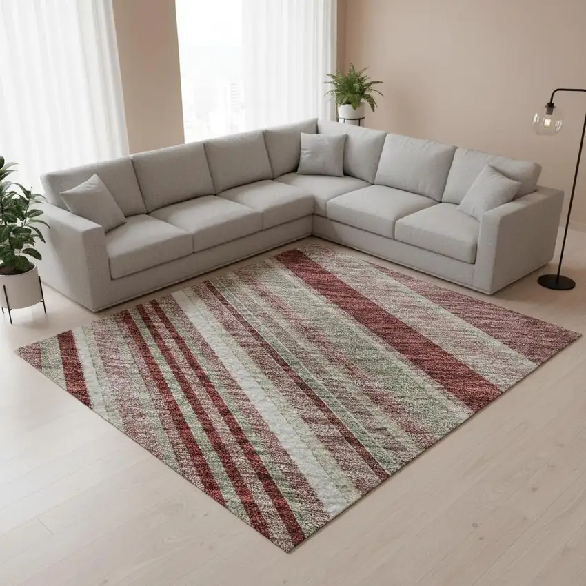 Burgundy Gray And Ivory Striped Washable Area Rug With UV Protection Photo 2