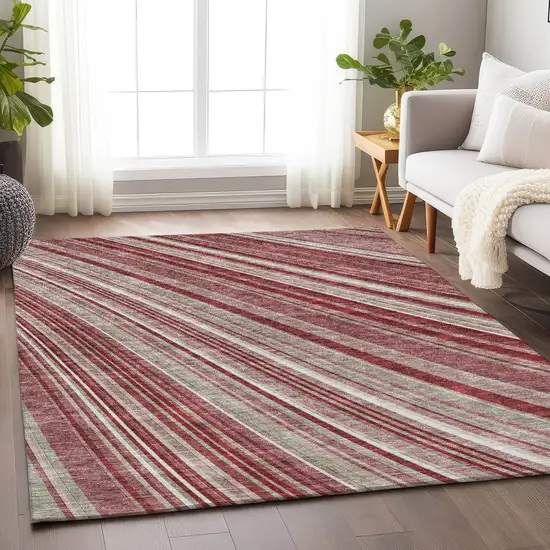 Burgundy Gray And Ivory Striped Washable Area Rug With UV Protection Photo 2