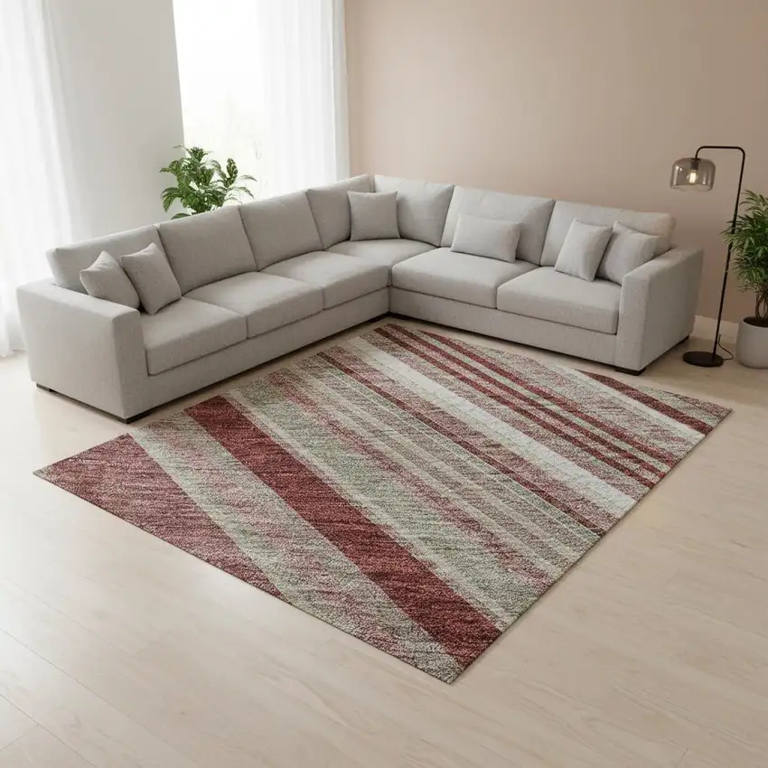 Burgundy Gray And Ivory Striped Washable Area Rug With UV Protection Photo 2