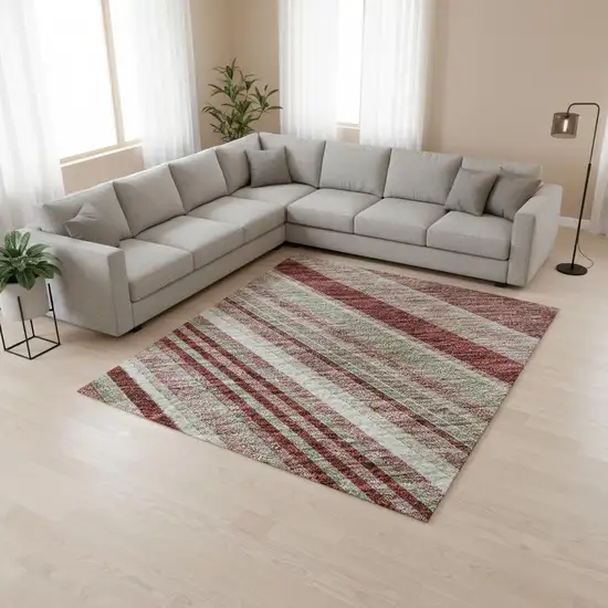 Burgundy Gray And Ivory Striped Washable Area Rug With UV Protection Photo 2