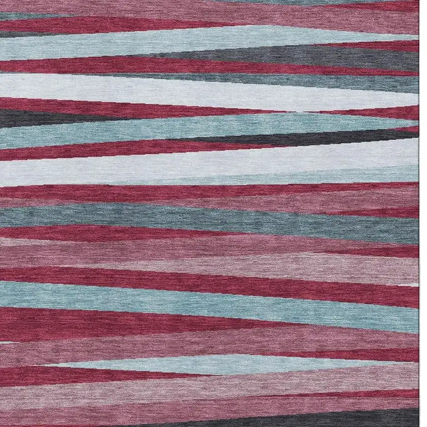 Burgundy Gray And Ivory Striped Washable Area Rug With UV Protection Photo 2