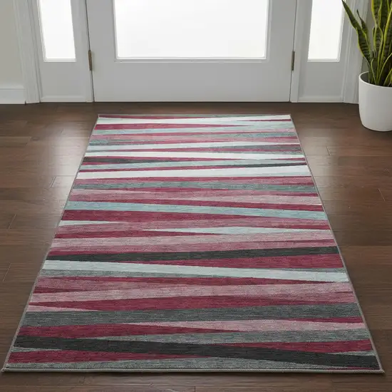 Burgundy Gray And Ivory Striped Washable Area Rug With UV Protection Photo 2