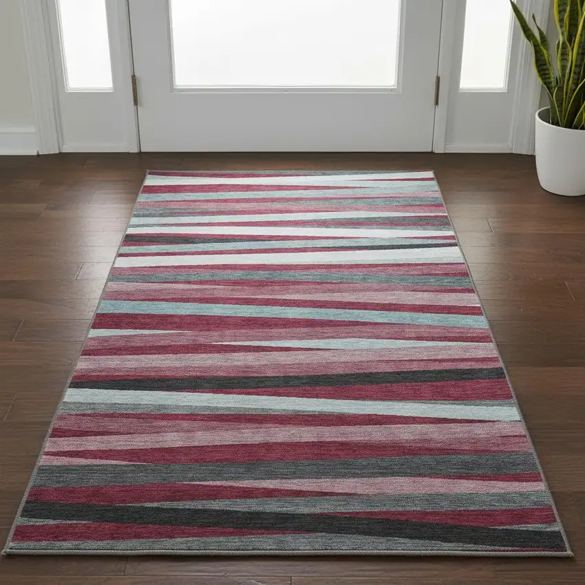 Burgundy Gray And Ivory Striped Washable Area Rug With UV Protection Photo 2