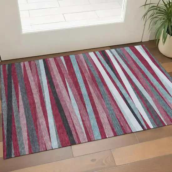 Burgundy Gray And Ivory Striped Washable Area Rug With UV Protection Photo 1