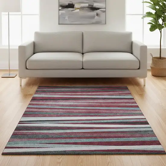 Burgundy Gray And Ivory Striped Washable Area Rug With UV Protection Photo 2