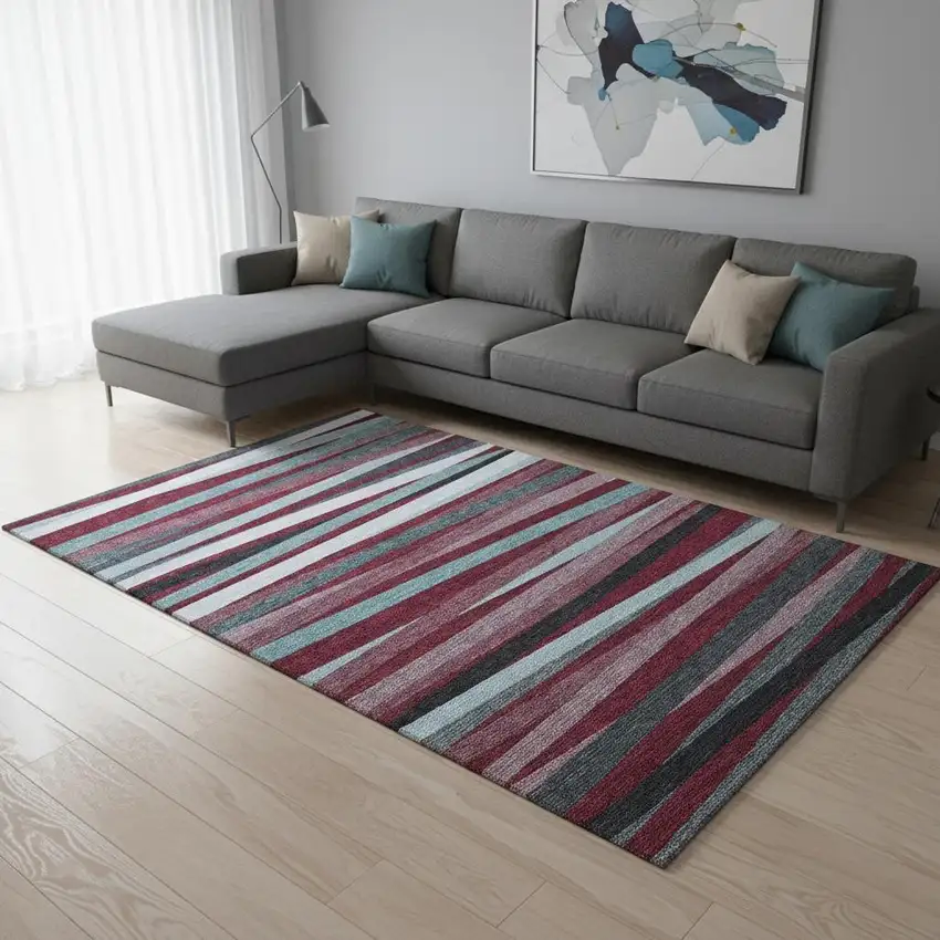 Burgundy Gray And Ivory Striped Washable Area Rug With UV Protection Photo 2