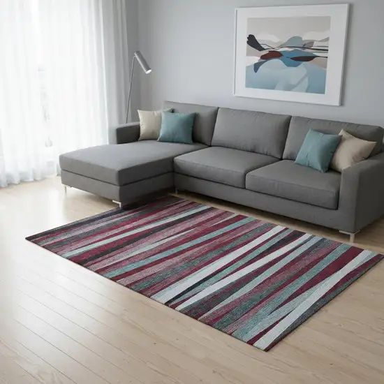 Burgundy Gray And Ivory Striped Washable Area Rug With UV Protection Photo 2