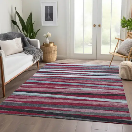 Burgundy Gray And Ivory Striped Washable Area Rug With UV Protection Photo 6