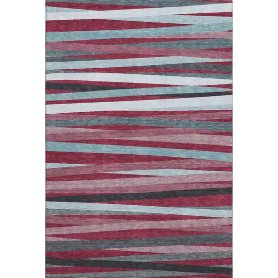 Burgundy Gray And Ivory Striped Washable Area Rug With UV Protection Photo 1