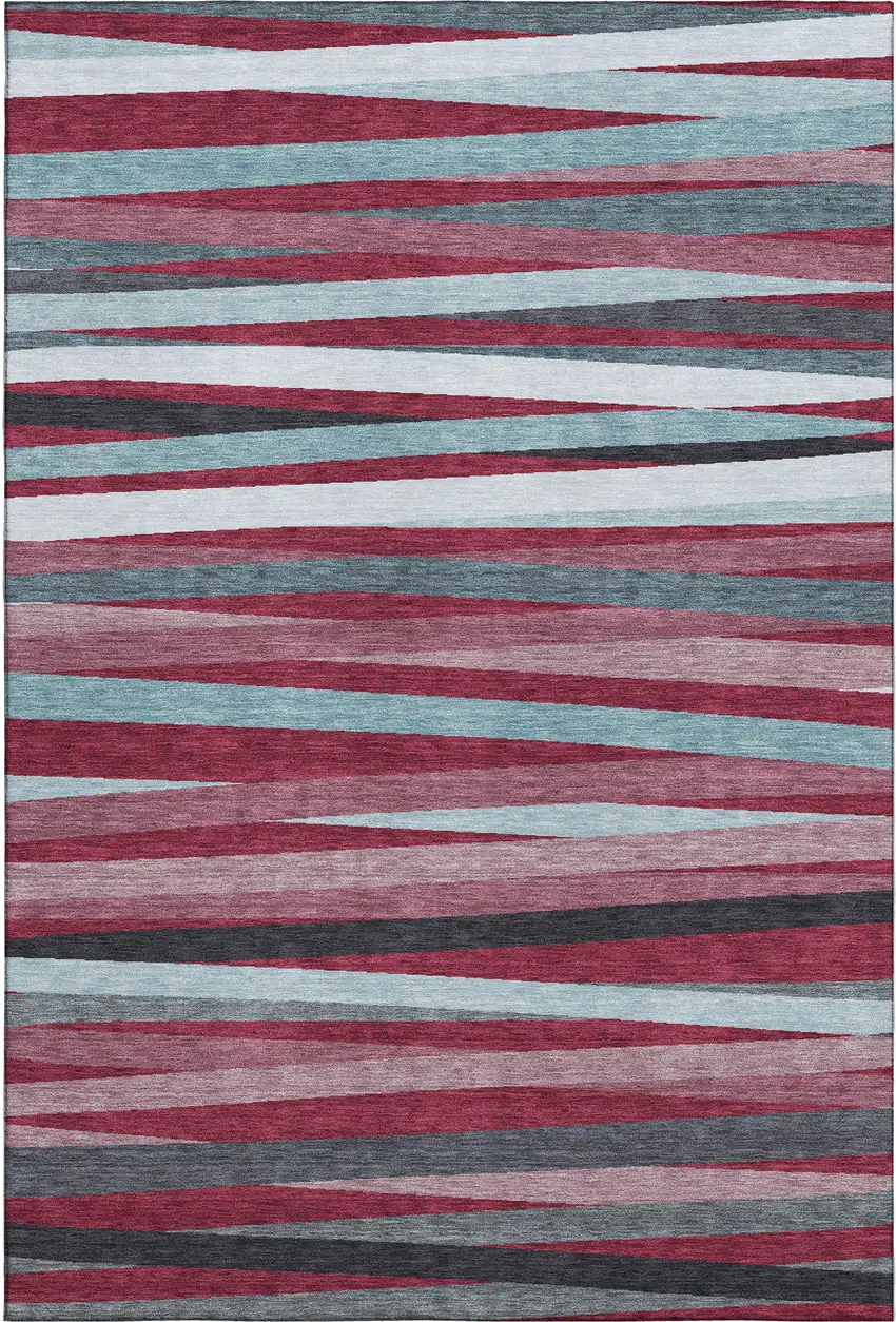 Burgundy Gray And Ivory Striped Washable Area Rug With UV Protection Photo 1