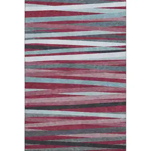 Photo of Burgundy Gray And Ivory Striped Washable Area Rug With UV Protection