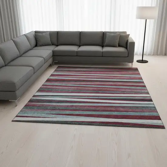 Burgundy Gray And Ivory Striped Washable Area Rug With UV Protection Photo 2